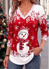 Red tops,Christmas tops,ROTITA Christmas Patchwork Snowman Print Red V Neck T Shirt