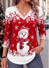 ROTITA Christmas Patchwork Snowman Print Red V Neck T Shirt