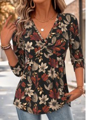 ROTITA Patchwork Floral Print Multi Color V Neck T Shirt