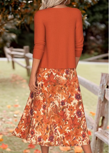 Orange dresses,Plants dresses,Floral dresses,Everyday dresses,Casual dresses,ROTITA Tummy Coverage Random Floral Print Orange Dress and Cardigan