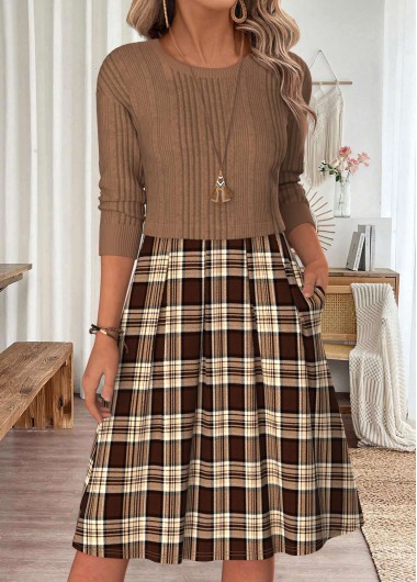 Light Coffee dresses,Plaid dresses,Geometric dresses,Everyday dresses,Casual dresses,ROTITA Light Coffee Plaid Patchwork Round Neck Long Sleeve Dress