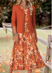 ROTITA Tummy Coverage Random Floral Print Orange Dress and Cardigan
