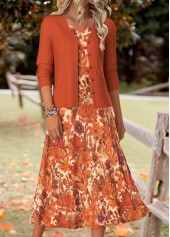 Orange dresses,Plants dresses,Floral dresses,Everyday dresses,Casual dresses,ROTITA Tummy Coverage Random Floral Print Orange Dress and Cardigan