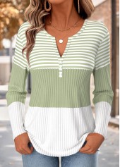 ROTITA Button Striped Light Green Split Neck T Shirt