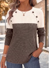 ROTITA Patchwork Light Coffee Round Neck Long Sleeve T Shirt