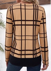 Light Coffee tops,Plaid tops,Geometric tops,ROTITA Layered Plaid Light Coffee Fake Two Piece Twinset