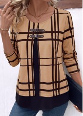 Light Coffee tops,Plaid tops,Geometric tops,ROTITA Layered Plaid Light Coffee Fake Two Piece Twinset