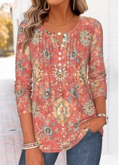 ROTITA Tuck Stitch Tribal Print Red Split Neck T Shirt