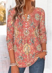 Red tops,Tribal tops,ROTITA Tuck Stitch Tribal Print Red Split Neck T Shirt