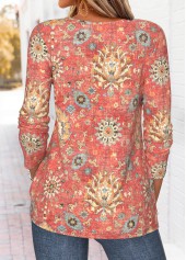 Red tops,Tribal tops,ROTITA Tuck Stitch Tribal Print Red Split Neck T Shirt