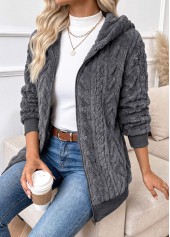 Dark Grey tops,Plain Color tops,Tummy Coverage Dark Grey Hooded Long Sleeve Coat