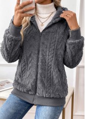 Dark Grey tops,Plain Color tops,Tummy Coverage Dark Grey Hooded Long Sleeve Coat