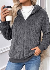 Dark Grey tops,Plain Color tops,Tummy Coverage Dark Grey Hooded Long Sleeve Coat