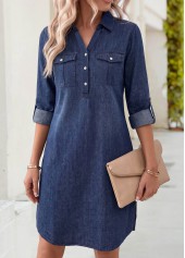ROTITA Denim Blue Patch Pocket Short Shirt Collar Dress