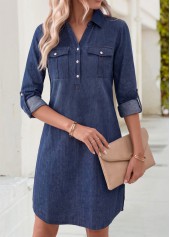 Denim Blue dresses,Plain Color dresses,Everyday dresses,Casual dresses,ROTITA Denim Blue Patch Pocket Short Shirt Collar Dress