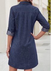 Denim Blue dresses,Plain Color dresses,Everyday dresses,Casual dresses,ROTITA Denim Blue Patch Pocket Short Shirt Collar Dress