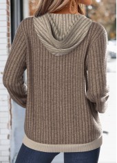 Dark Camel tops,Contrast Color tops,ROTITA Kangaroo Pocket Dark Camel Split Neck Long Sleeve Hoodie