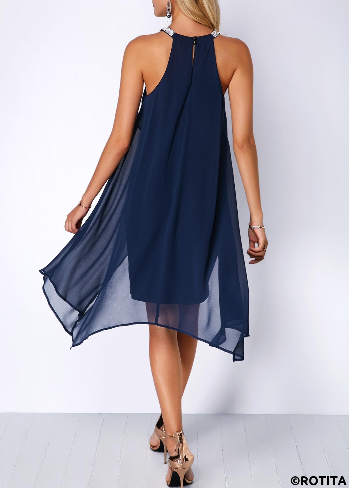 Plain Color dresses,Party dresses,Elegant dresses,ROTITA Asymmetric Hem Embellished Neck Chiffon Overlay Dress