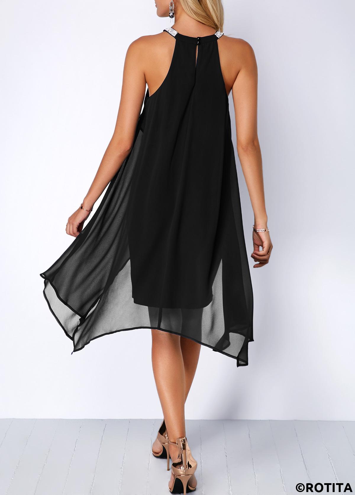Black dresses,Plain Color dresses,Party dresses,Elegant dresses,ROTITA Black Asymmetric Hem Embellished Neck Chiffon Overlay Dress