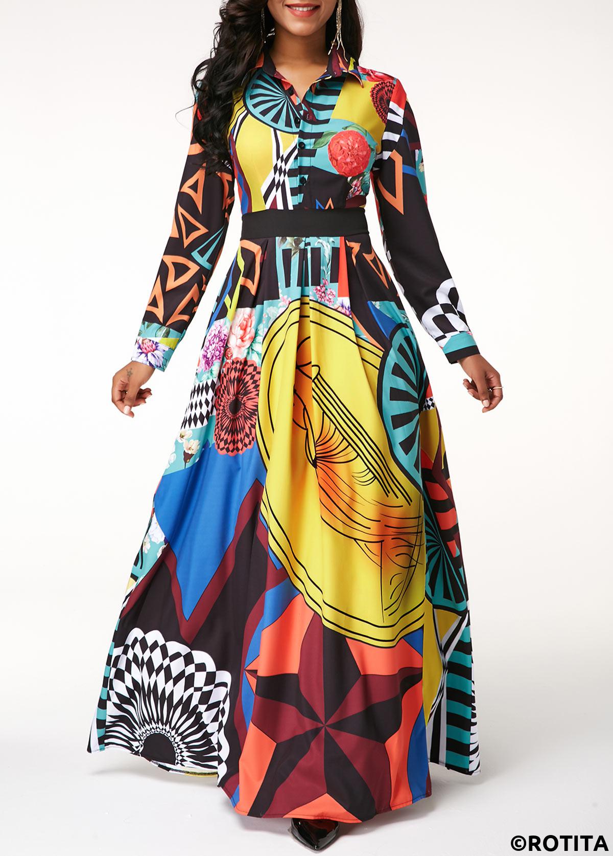 Multi Color dresses,Graphic dresses,Vacation dresses,Vacation dresses,ROTITA Turndown Collar Printed Button Up Long Sleeve Dress