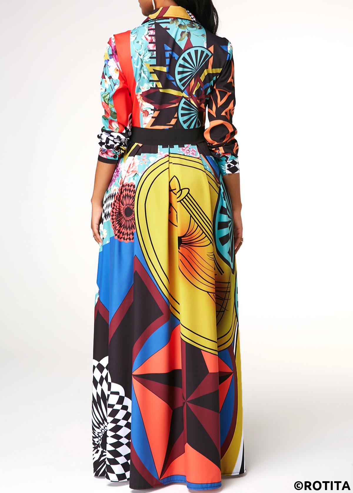 Multi Color dresses,Graphic dresses,Vacation dresses,Vacation dresses,ROTITA Turndown Collar Printed Button Up Long Sleeve Dress