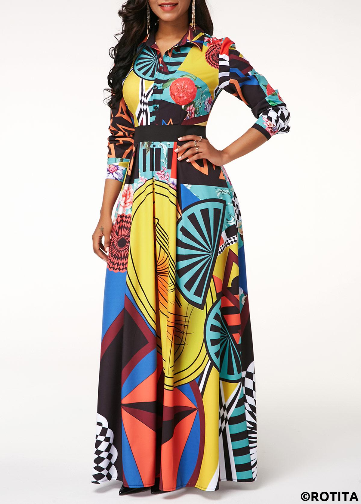 Multi Color dresses,Graphic dresses,Vacation dresses,Vacation dresses,ROTITA Turndown Collar Printed Button Up Long Sleeve Dress