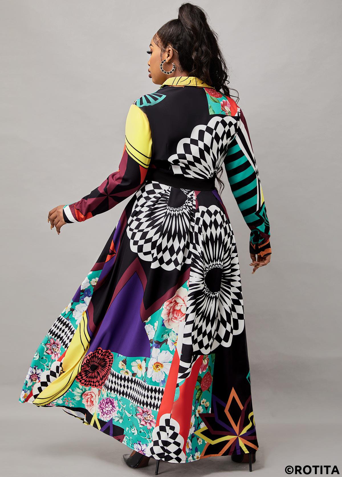 Multi Color dresses,Graphic dresses,Vacation dresses,Vacation dresses,ROTITA Turndown Collar Printed Button Up Long Sleeve Dress