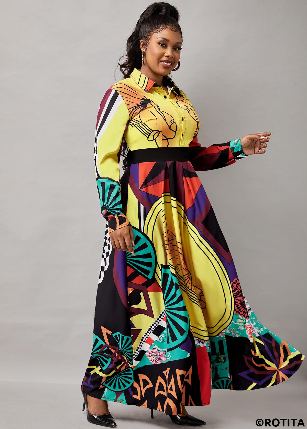 Multi Color dresses,Graphic dresses,Vacation dresses,Vacation dresses,ROTITA Turndown Collar Printed Button Up Long Sleeve Dress