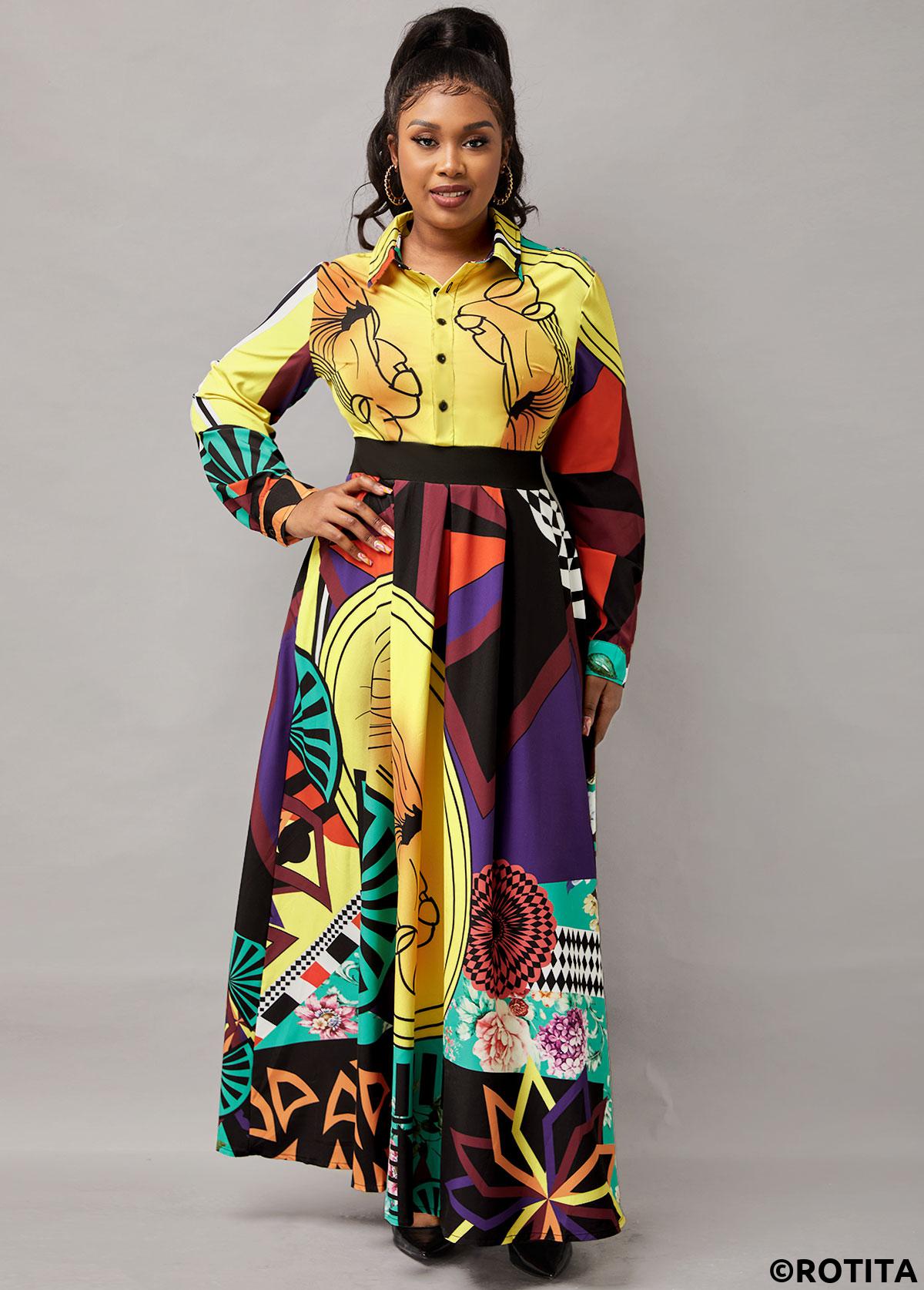 Multi Color dresses,Graphic dresses,Vacation dresses,Vacation dresses,ROTITA Turndown Collar Printed Button Up Long Sleeve Dress