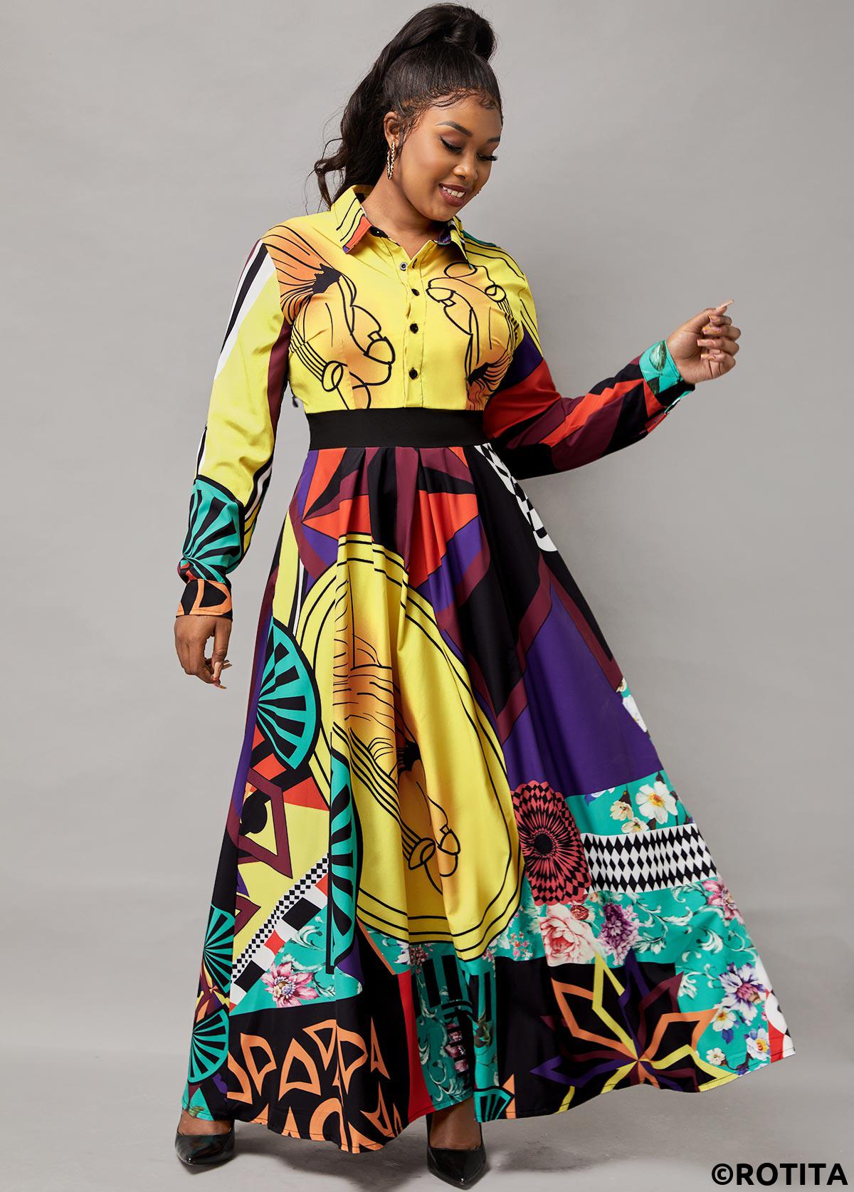 Multi Color dresses,Graphic dresses,Vacation dresses,Vacation dresses,ROTITA Turndown Collar Printed Button Up Long Sleeve Dress