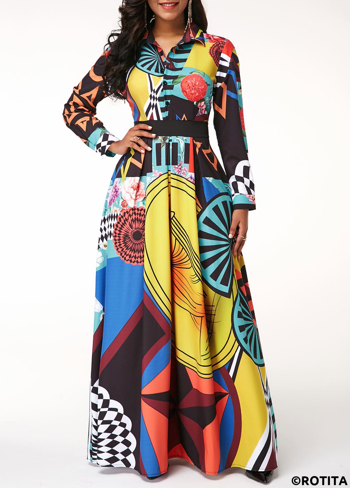 Multi Color dresses,Graphic dresses,Vacation dresses,Vacation dresses,ROTITA Turndown Collar Printed Button Up Long Sleeve Dress