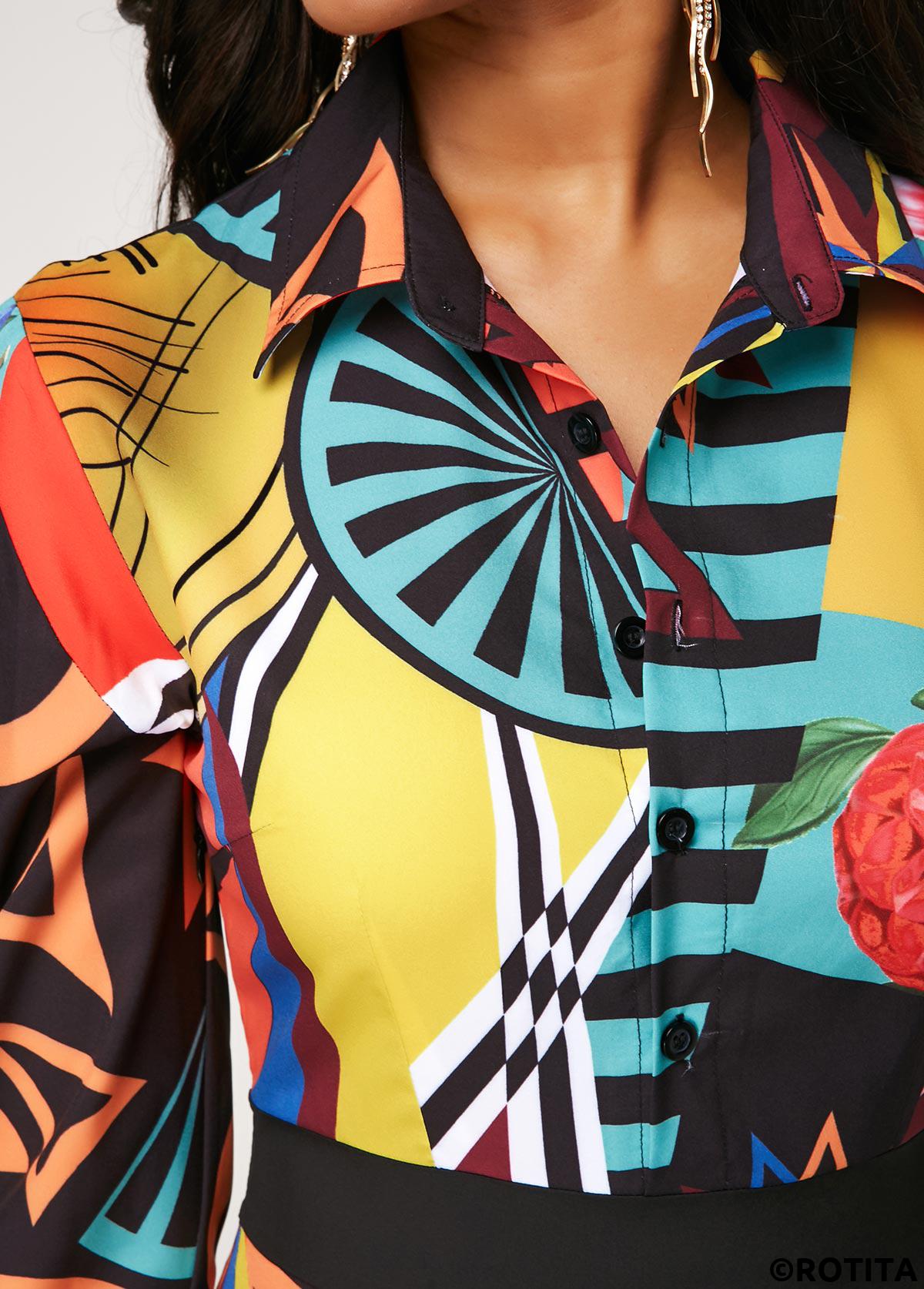 Multi Color dresses,Graphic dresses,Vacation dresses,Vacation dresses,ROTITA Turndown Collar Printed Button Up Long Sleeve Dress