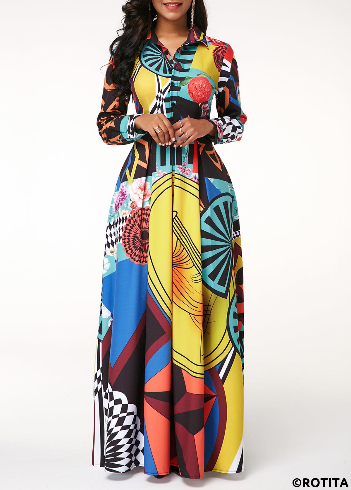 Multi Color dresses,Graphic dresses,Vacation dresses,Vacation dresses,ROTITA Turndown Collar Printed Button Up Long Sleeve Dress