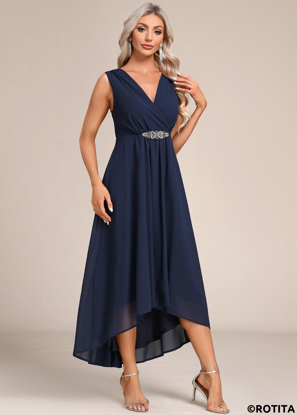 Plain Color dresses,Party dresses,Elegant dresses,ROTITA Sleeveless High Low Navy Blue Dress
