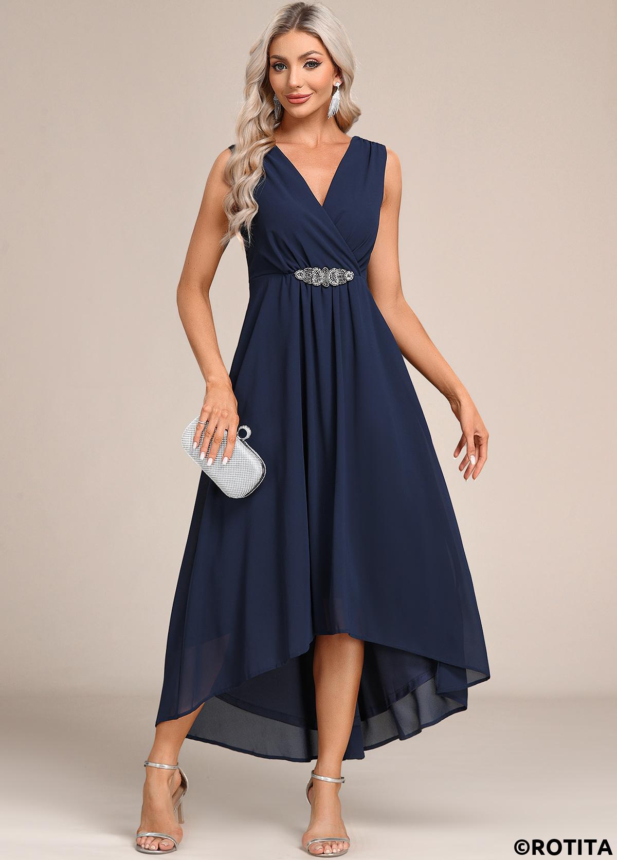 Plain Color dresses,Party dresses,Elegant dresses,ROTITA Sleeveless High Low Navy Blue Dress