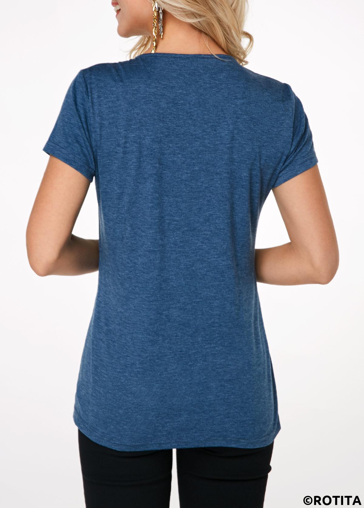 Plain Color tops,ROTITA Crinkle Chest Button Up Navy Blue T Shirt  