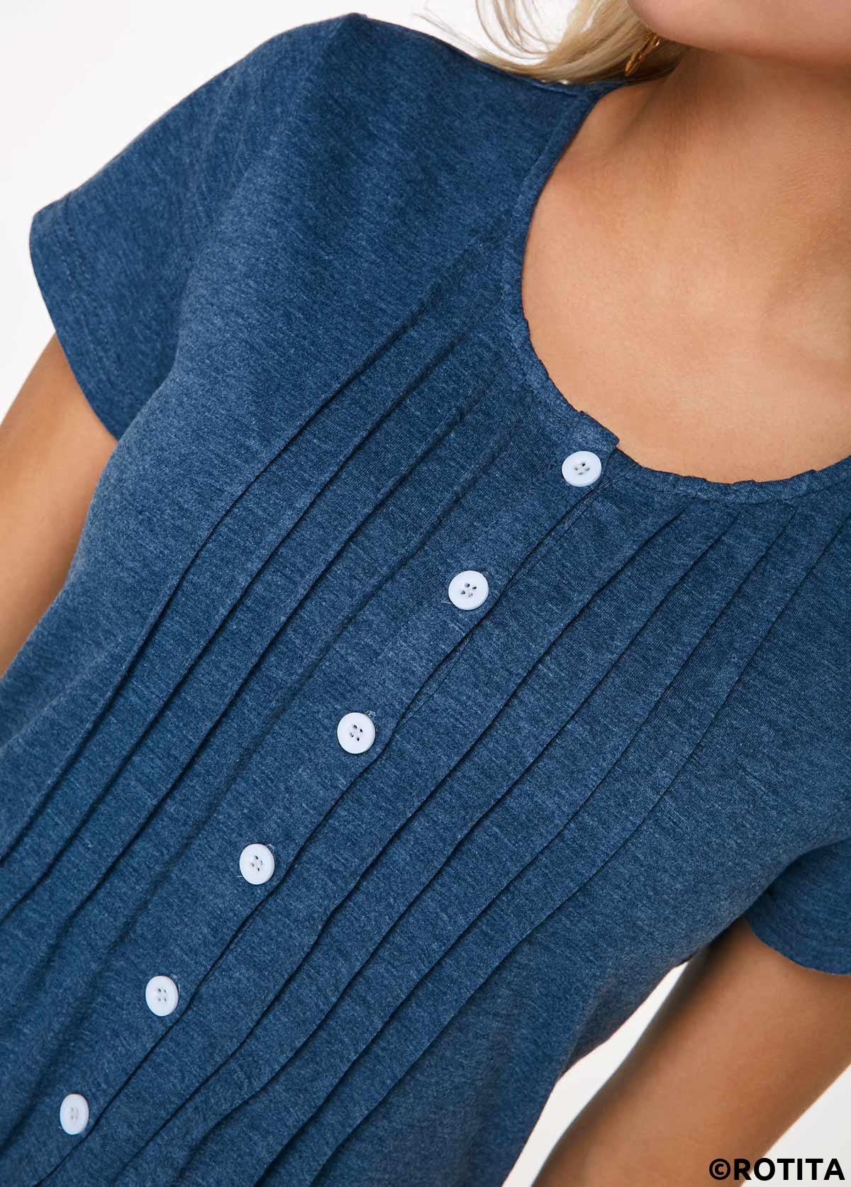 Plain Color tops,ROTITA Crinkle Chest Button Up Navy Blue T Shirt  
