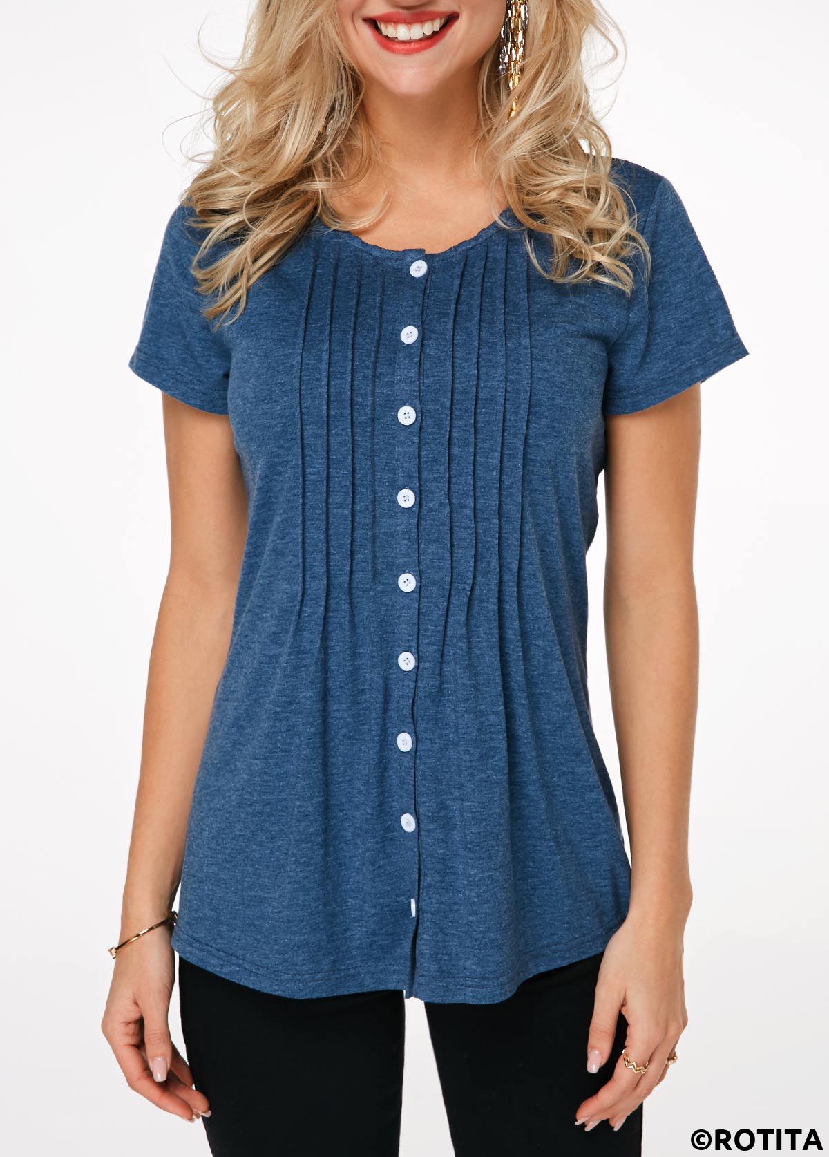 Plain Color tops,ROTITA Crinkle Chest Button Up Navy Blue T Shirt  