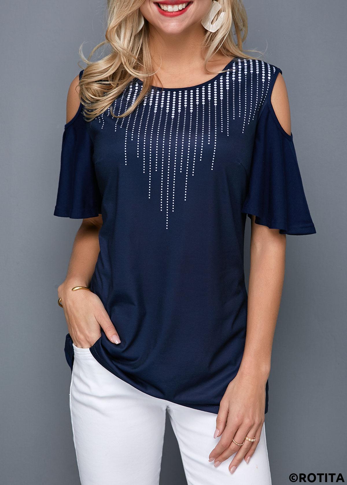 Dot tops,ROTITA Round Neck Cold Shoulder Navy Blue T Shirt