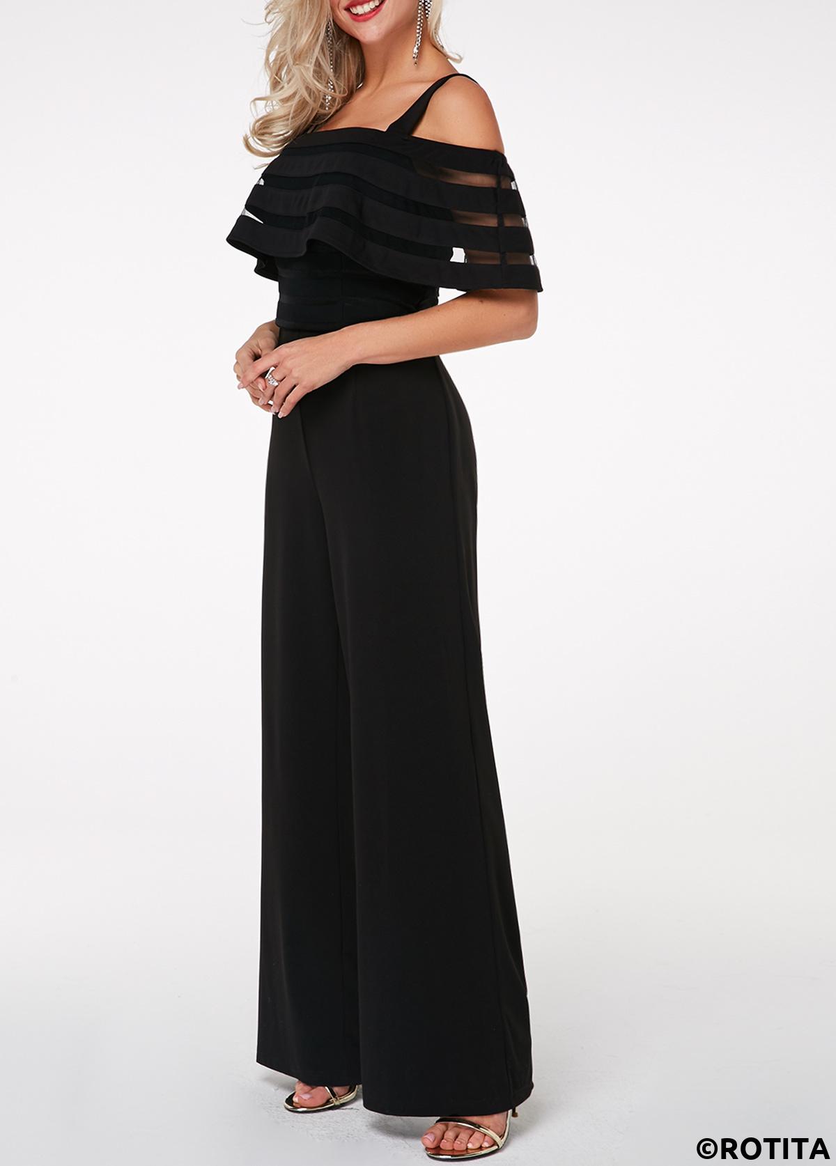 Black jumpsuits&rompers,Plain Color jumpsuits&rompers,ROTITA Black Long Straight Leg Off Shoulder Half Sleeve Jumpsuit