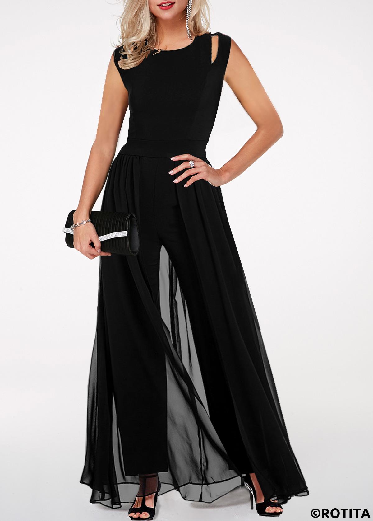 Black jumpsuits&rompers,Plain Color jumpsuits&rompers,ROTITA High Waist Round Neck Chiffon Overlay Black Jumpsuit
