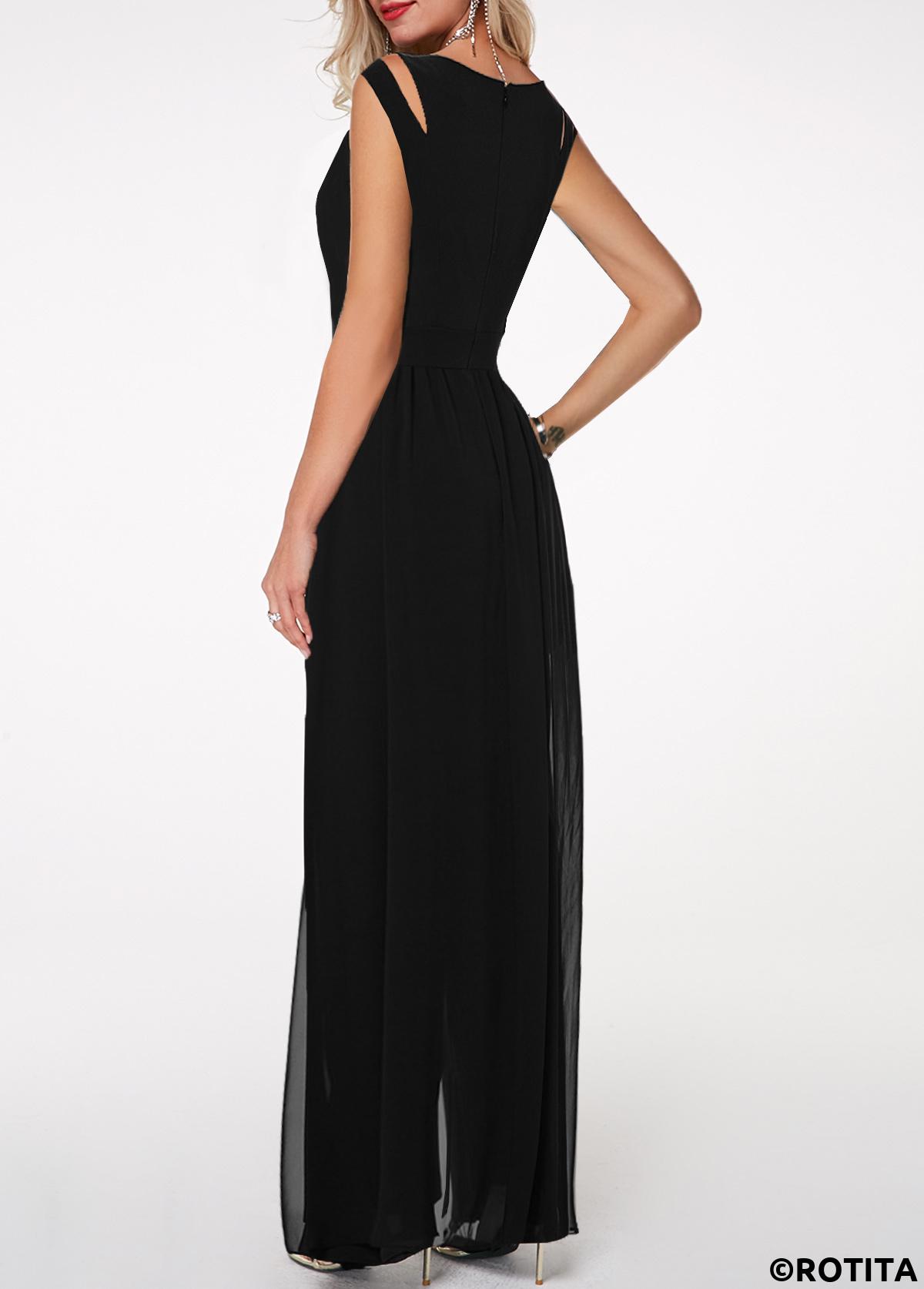 Black jumpsuits&rompers,Plain Color jumpsuits&rompers,ROTITA High Waist Round Neck Chiffon Overlay Black Jumpsuit