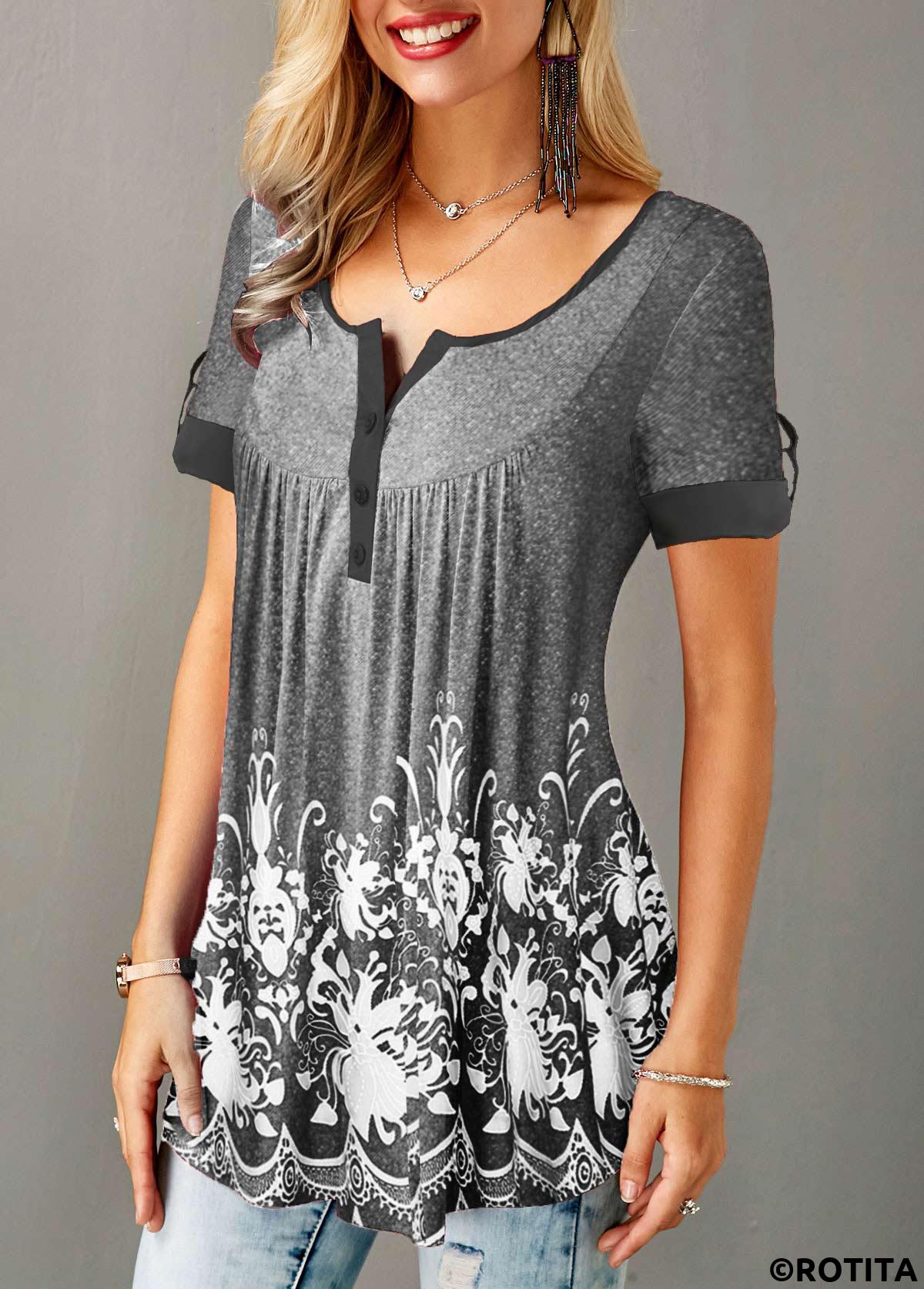 Grey tops,Floral tops,ROTITA Printed Button Detail Short Sleeve T Shirt