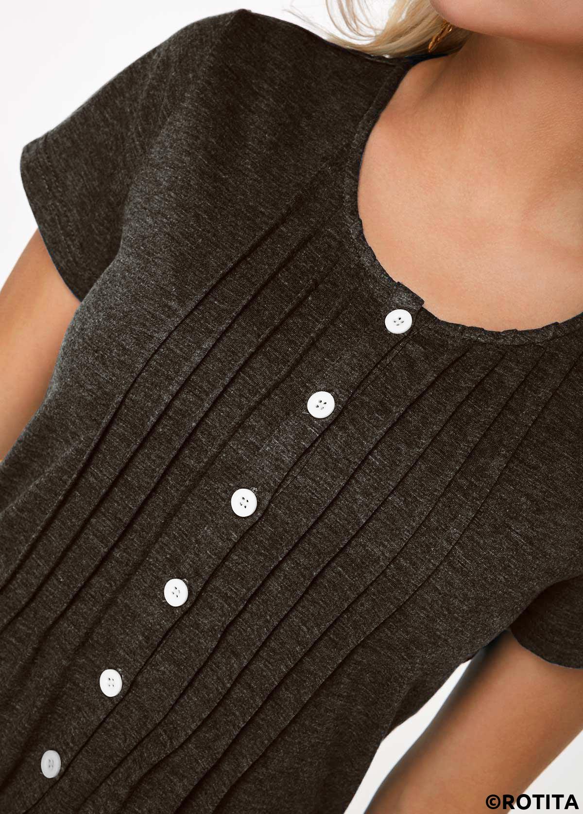 Black tops,Plain Color tops,ROTITA Pleated Button Up Short Sleeve T Shirt