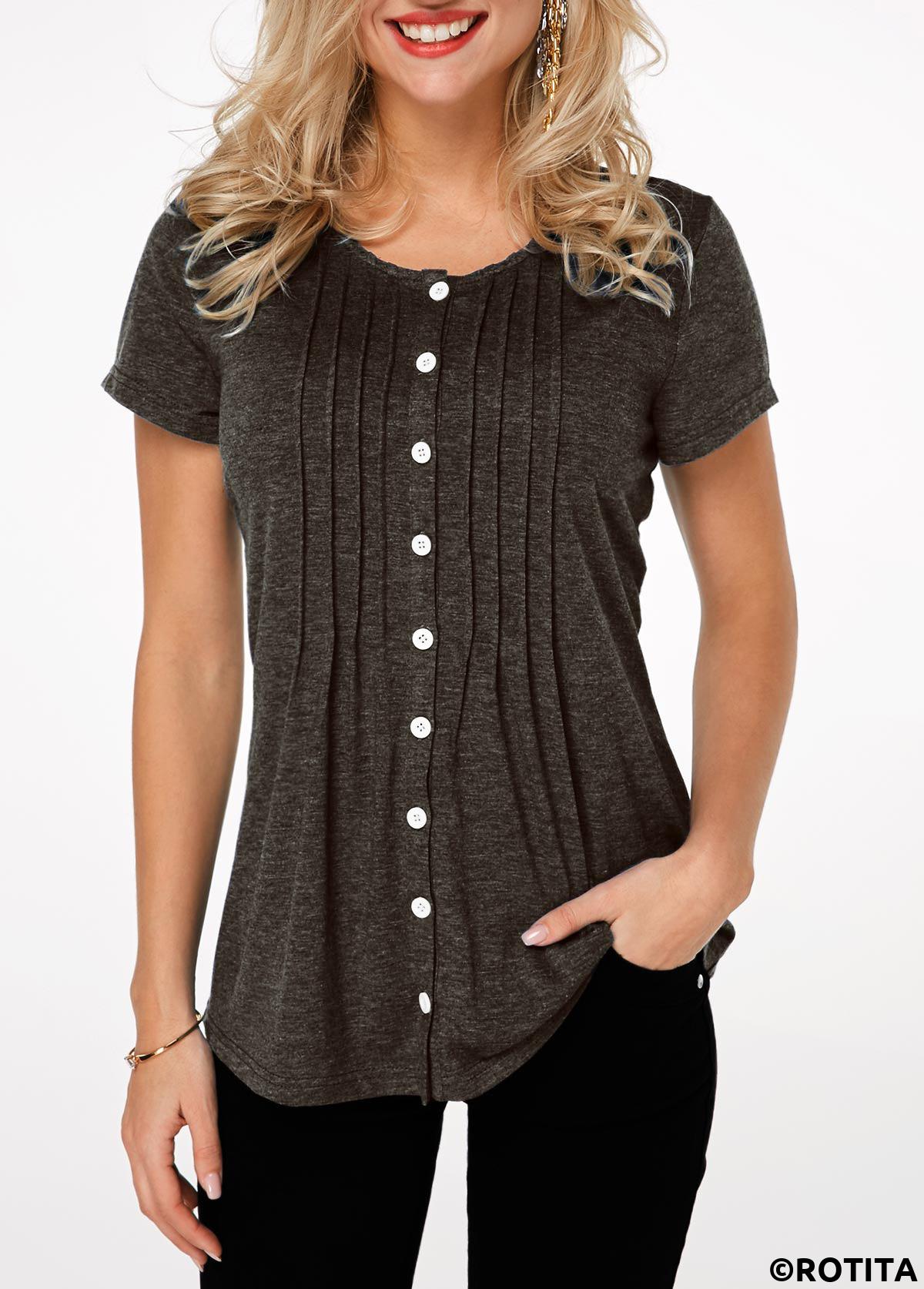 Black tops,Plain Color tops,ROTITA Pleated Button Up Short Sleeve T Shirt