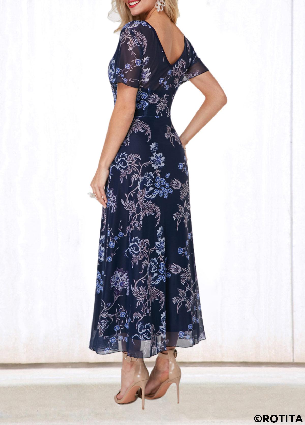 ROTITA V Back Round Neck Flower Print Dress