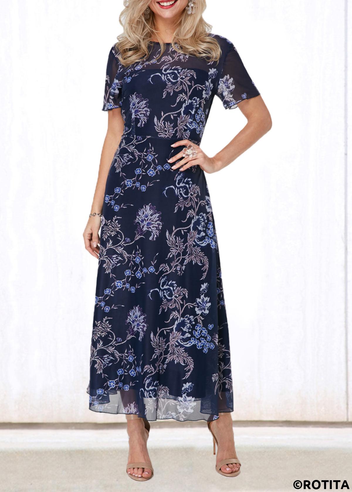 Floral dresses,Everyday dresses,Casual dresses,ROTITA V Back Round Neck Flower Print Dress
