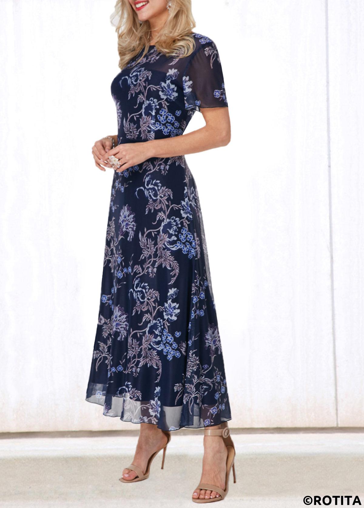 Floral dresses,Everyday dresses,Casual dresses,ROTITA V Back Round Neck Flower Print Dress