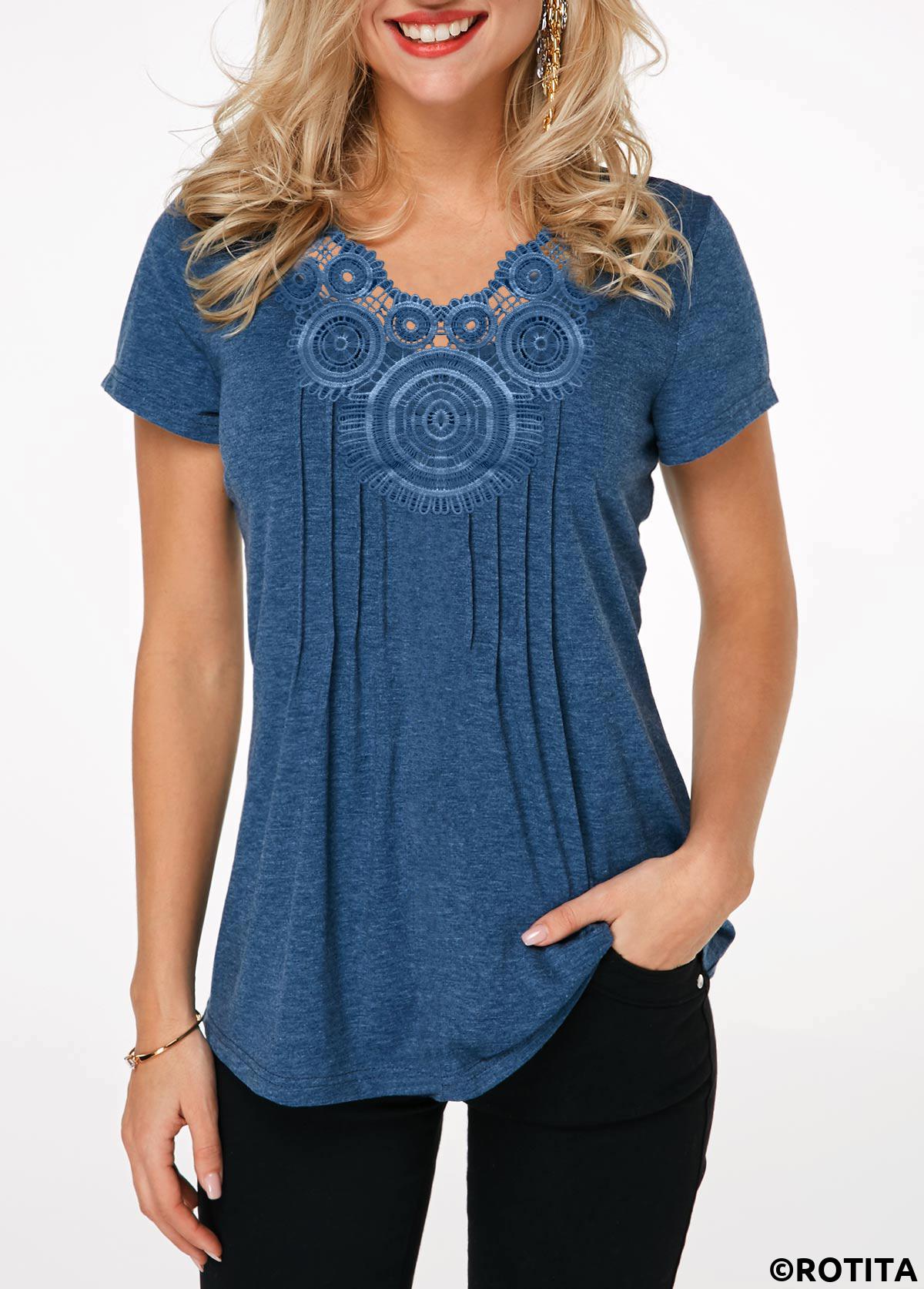 Blue tops,Plain Color tops,ROTITA Crinkle Chest Short Sleeve Blue T Shirt