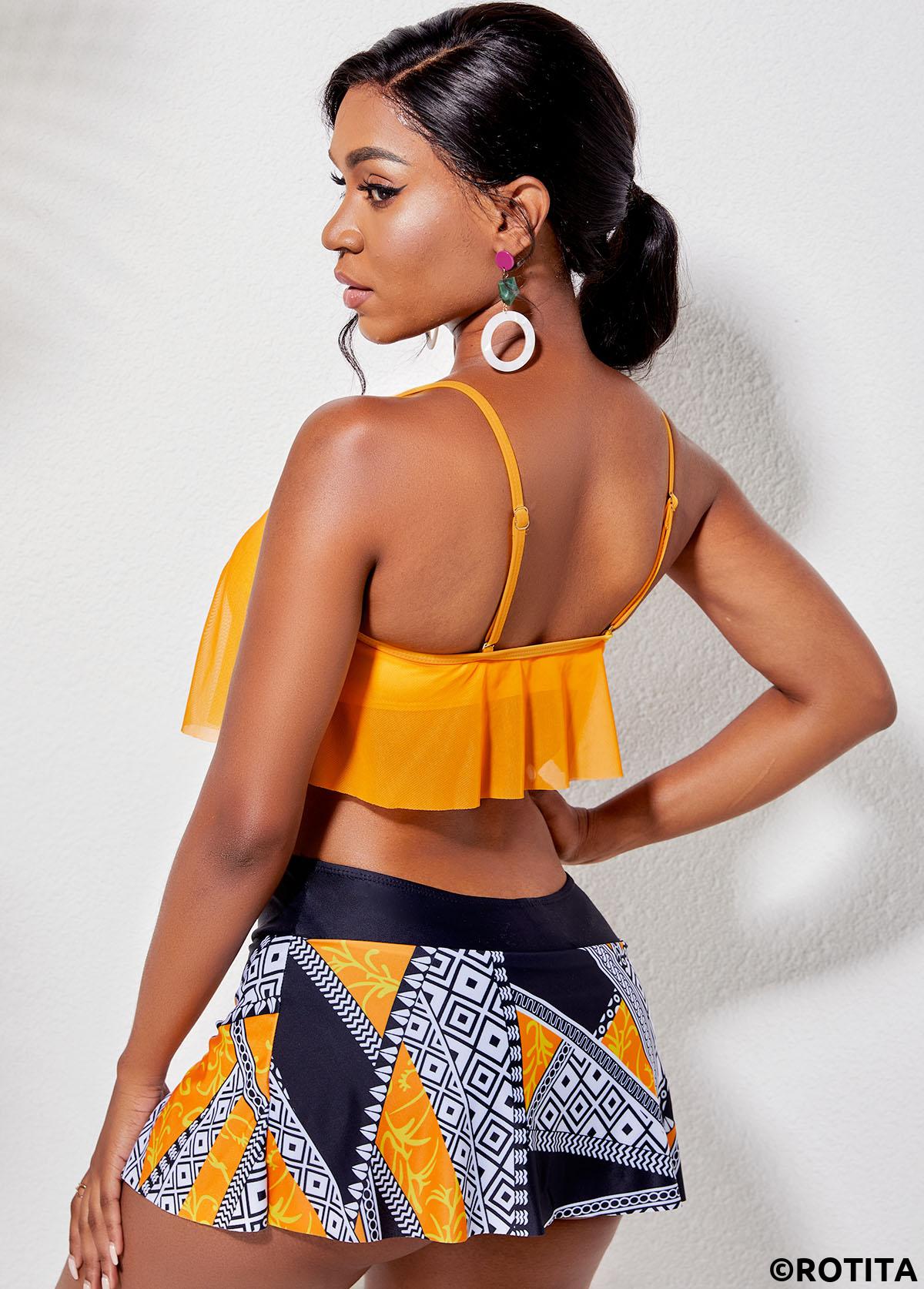 Orange swimwear,Tribal swimwear,ROTITA Overlay Cage Neck Top and Printed Pantskirt